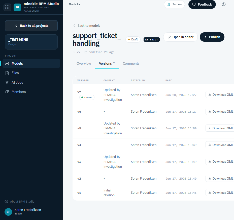 The Versions tab