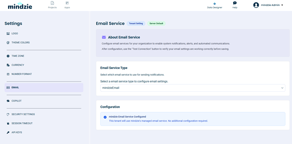 Email settings location in Tenant Settings menu