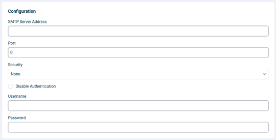 SMTP configuration form with all required fields