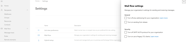 Exchange Admin Center Mail Flow settings showing SMTP AUTH option