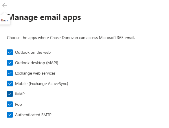 Microsoft 365 email apps settings showing Authenticated SMTP option