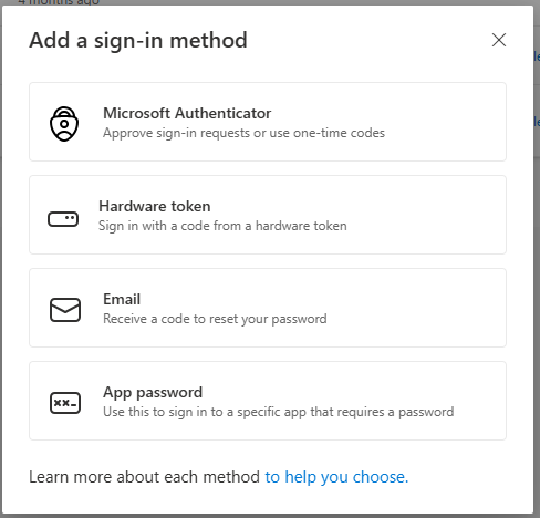 Add sign-in method dialog showing App Password option