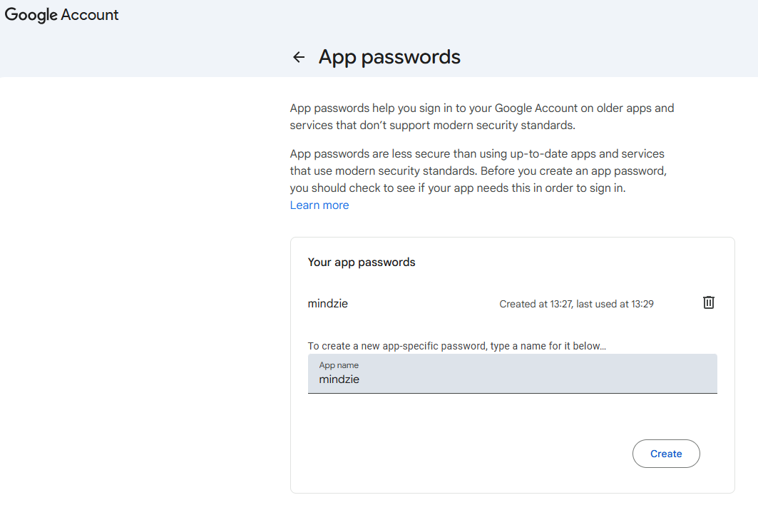 Google App Passwords creation screen