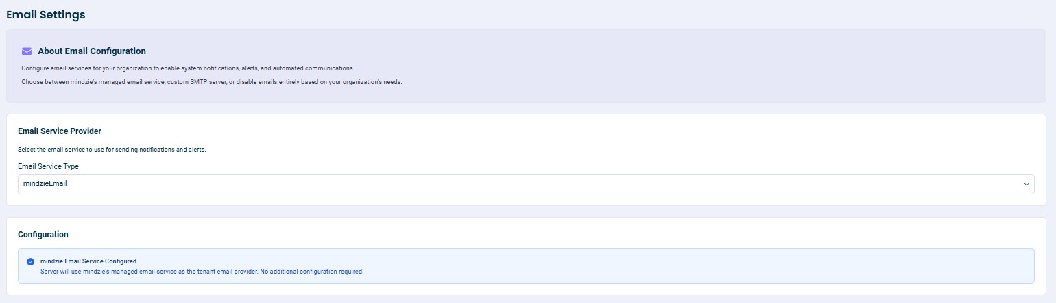 mindzie Email configuration showing no additional setup needed