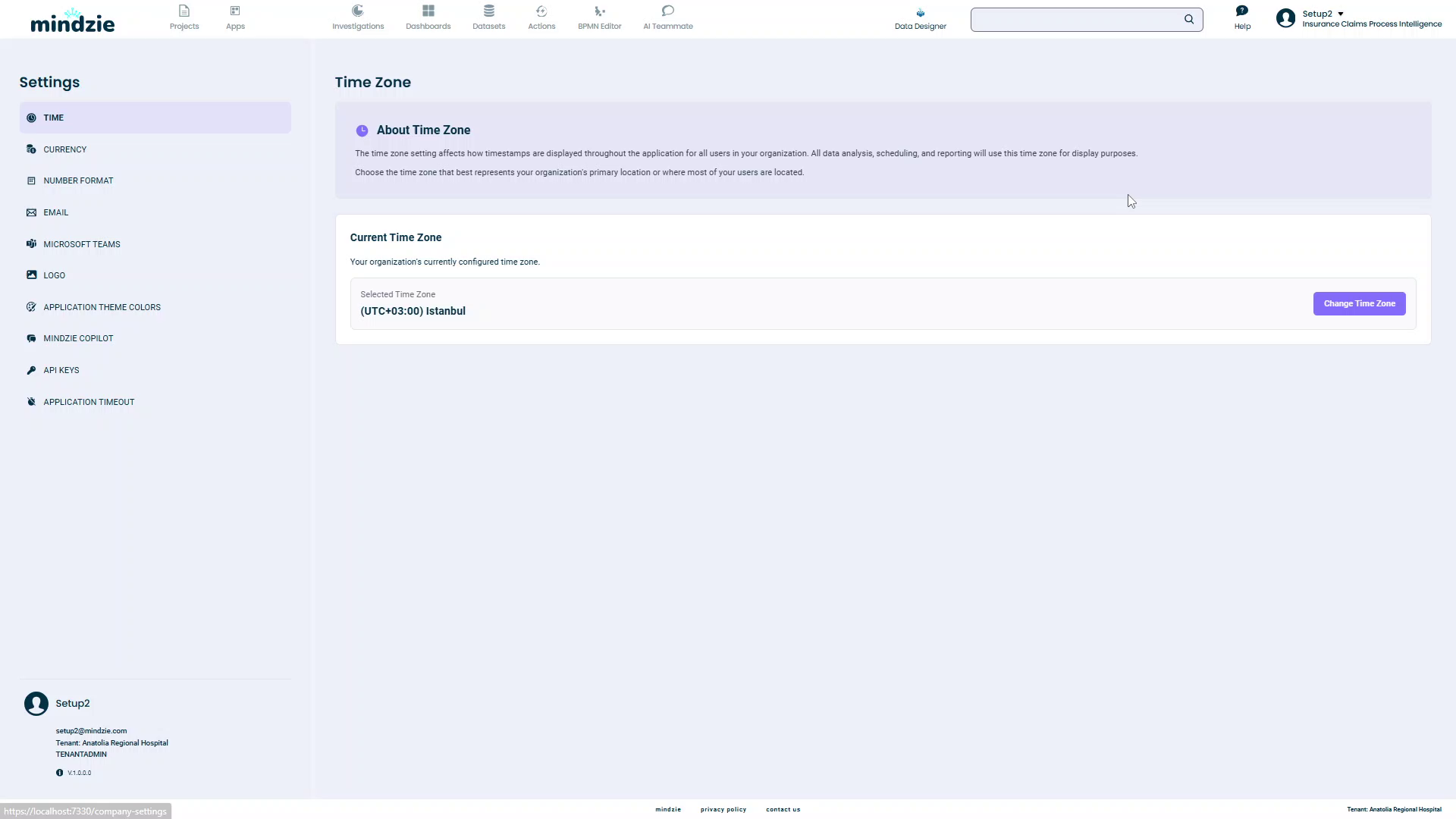 Settings navigation showing mindzie Copilot option in the left sidebar