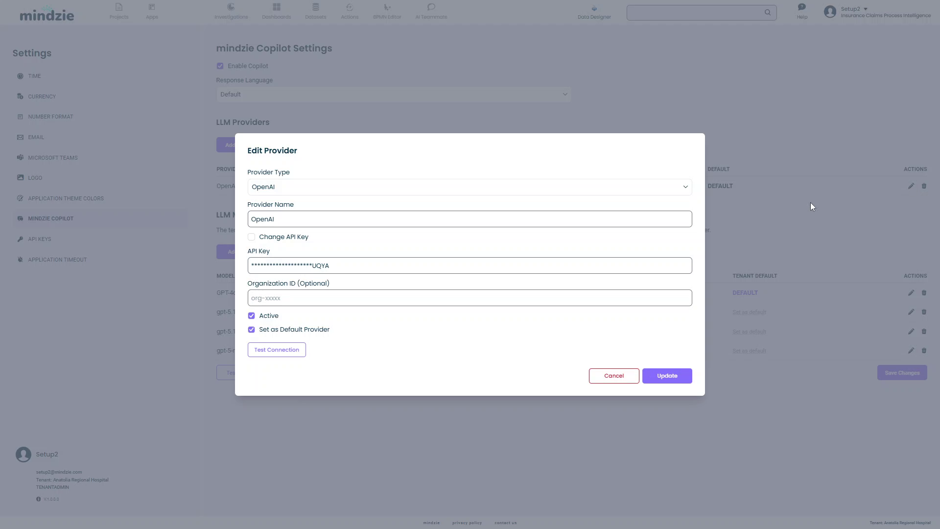 Edit Provider dialog with masked API key and test connection button