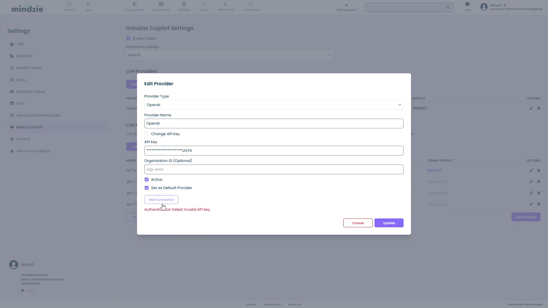 Edit Provider dialog showing test connection result
