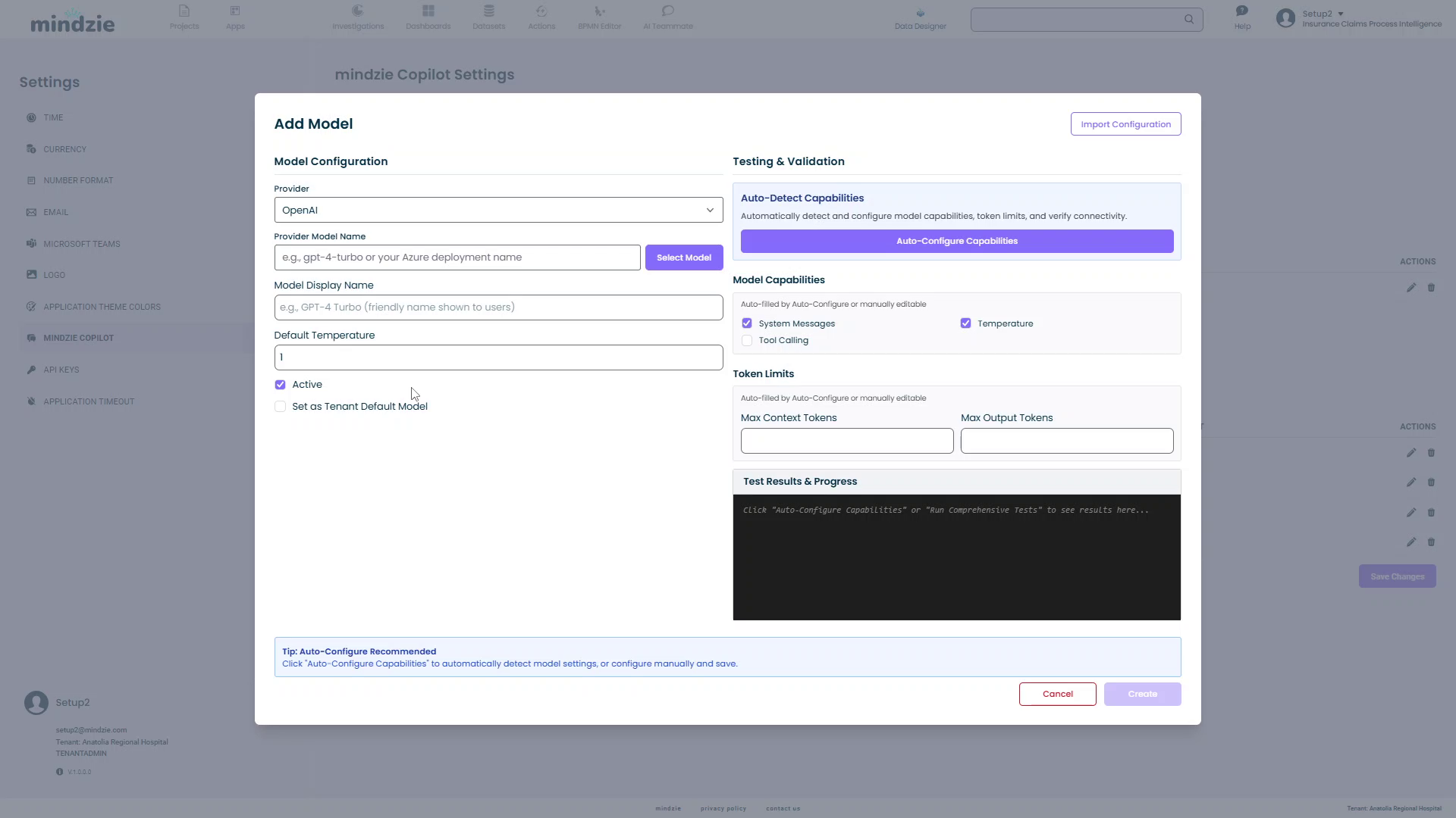 Add Model dialog with Model Configuration and Testing & Validation sections