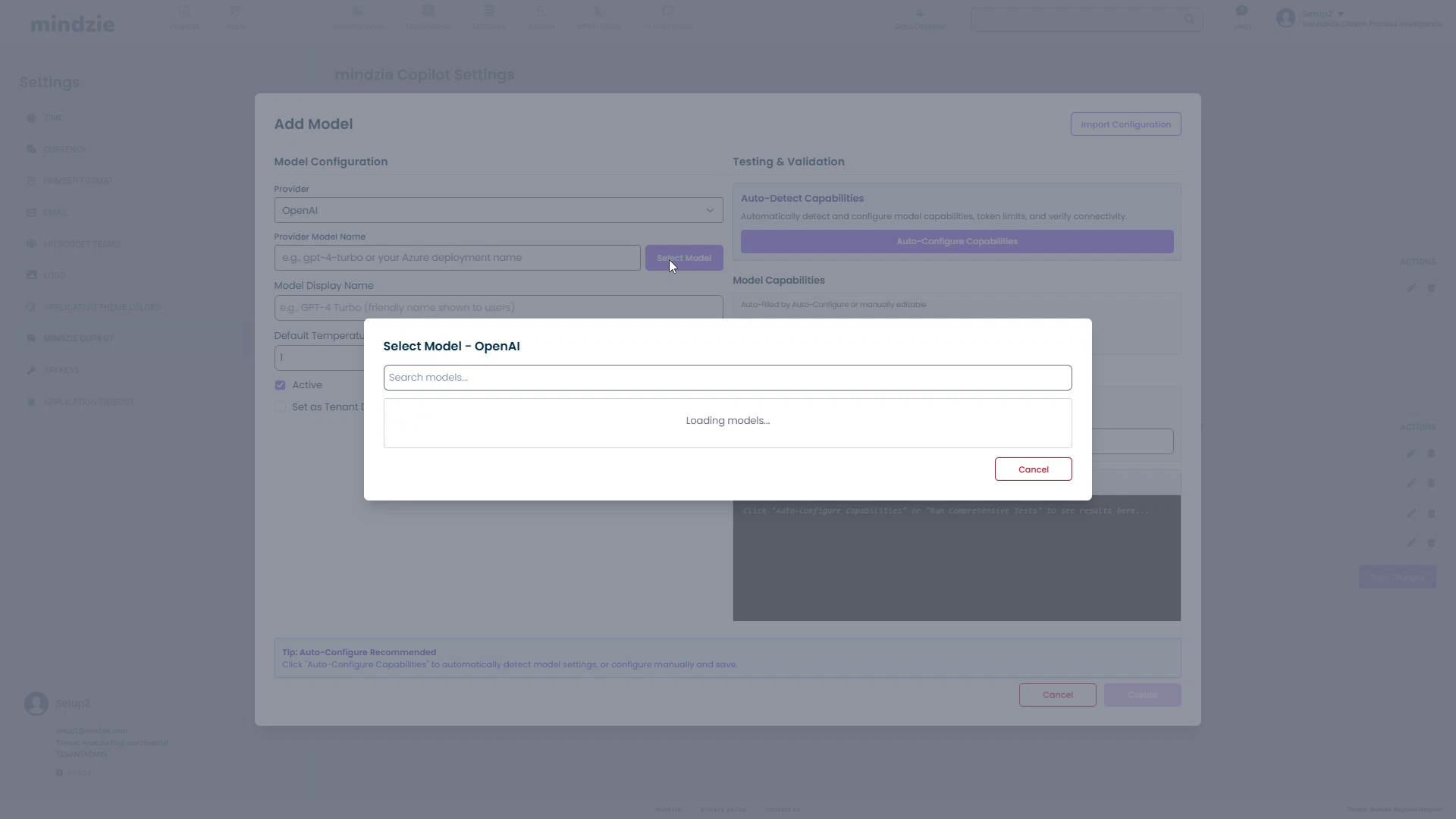 Select Model dialog loading available models from the provider