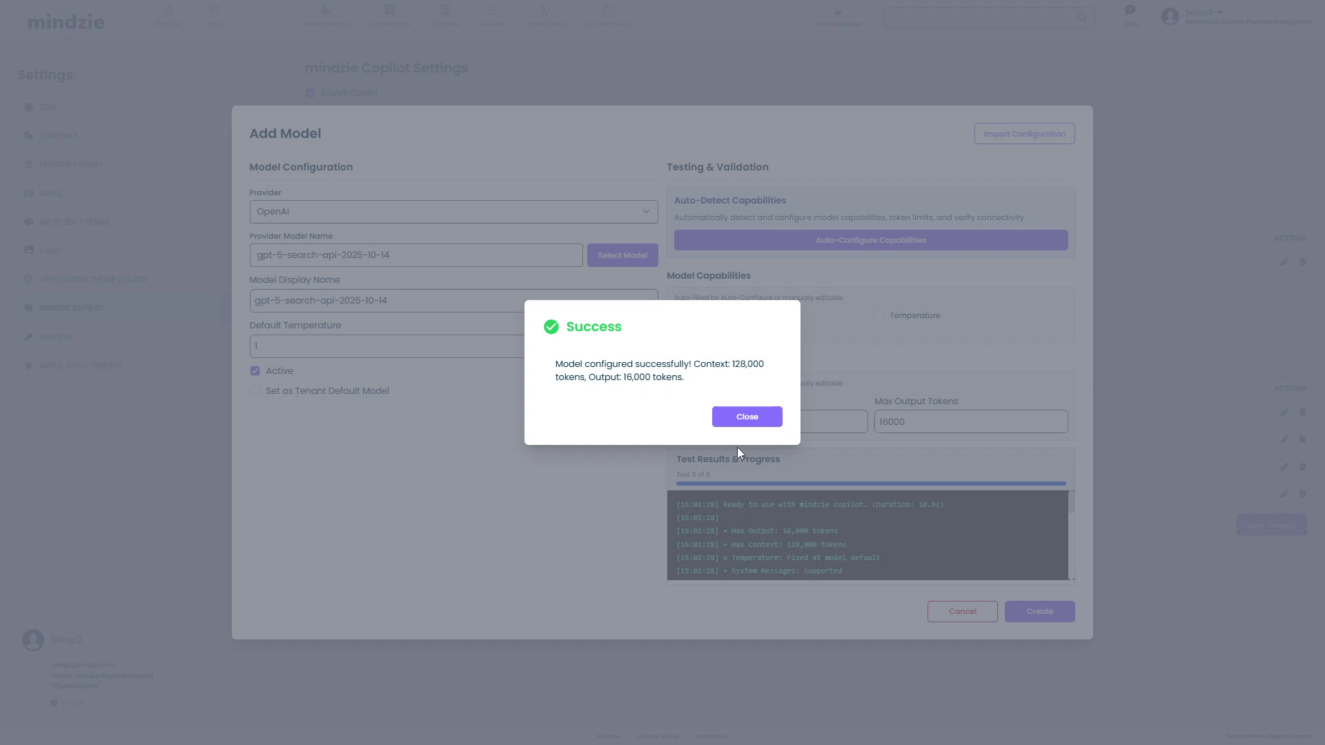Success dialog showing model configured with 128,000 context tokens and 16,000 output tokens