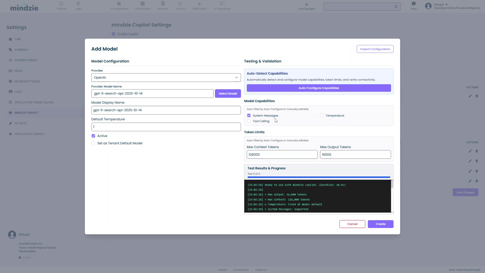 Add Model dialog with auto-filled capabilities including token limits and supported features