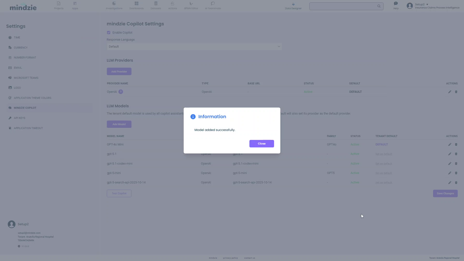 Information dialog showing "Model added successfully"