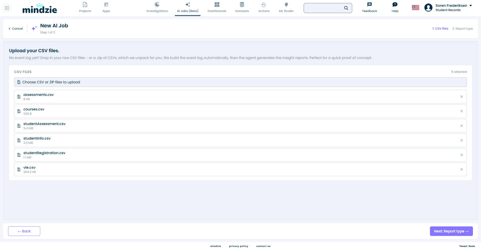 A zip of six CSVs, unpacked on upload