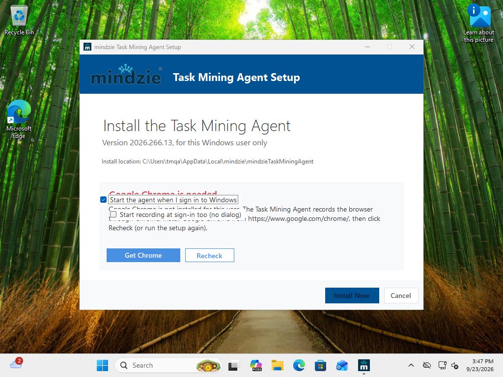 The Google Chrome is needed message on the setup's first page