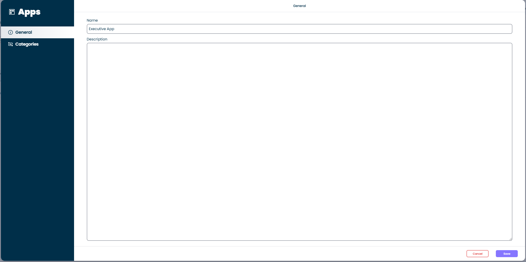 New app editor with General and Categories tabs