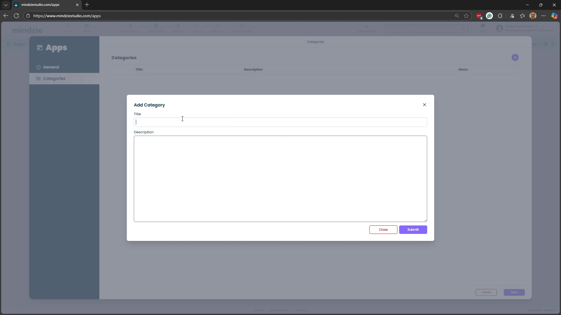 Add Category dialog with Title and Description fields