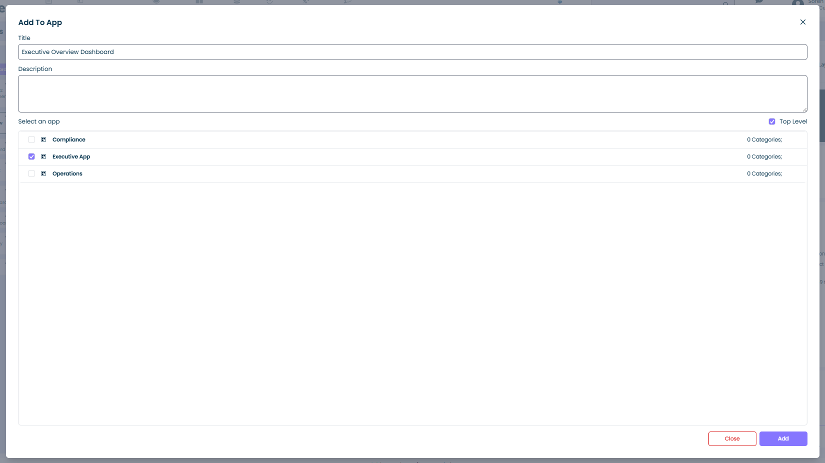 Add To App dialog showing the Executive Overview app with Reporting category