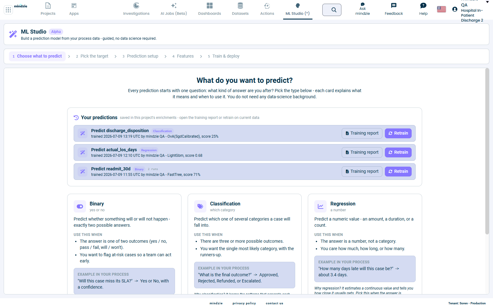 ML Studio-Startbildschirm mit dem Fünf-Schritte-Prozess und Vorhersagetyp-Karten