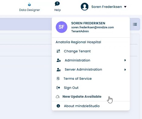 User menu showing New Update Available option