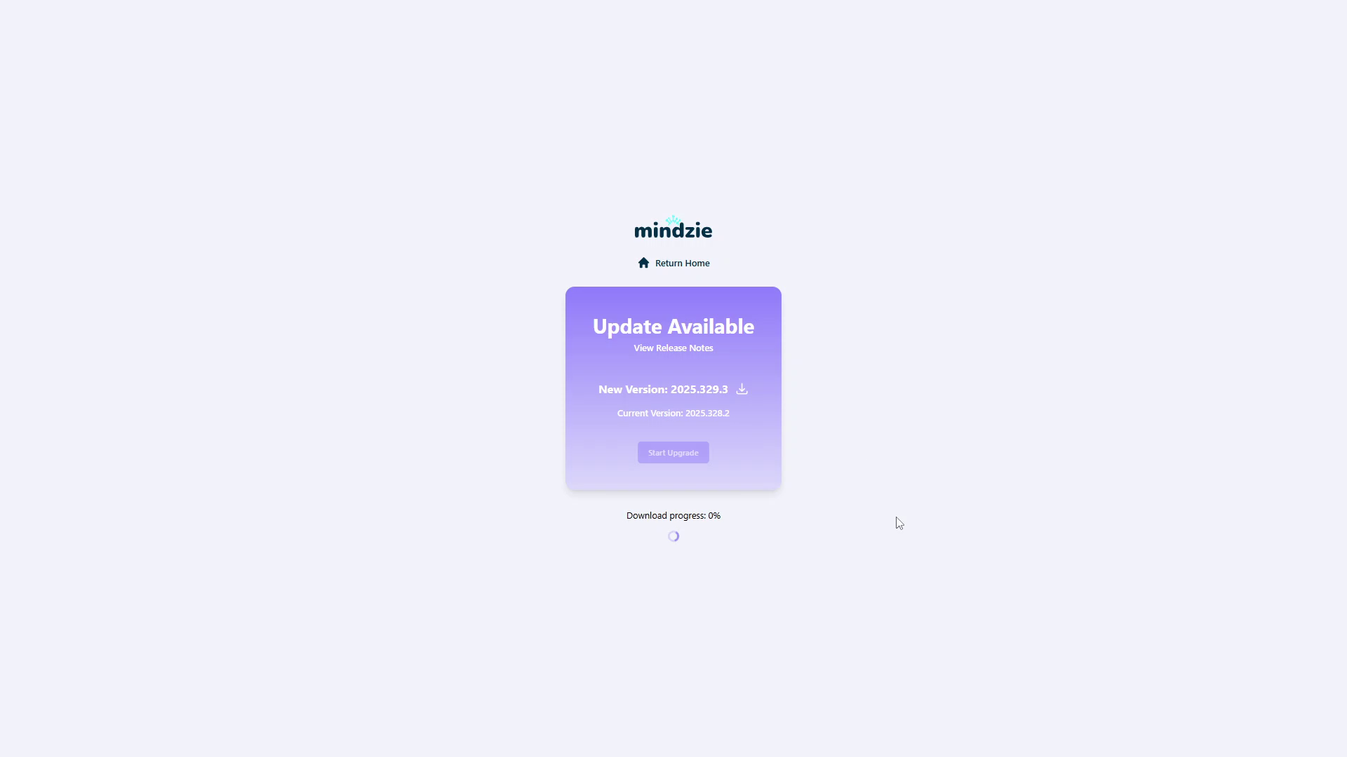 Update Available screen showing version information and Start Upgrade button