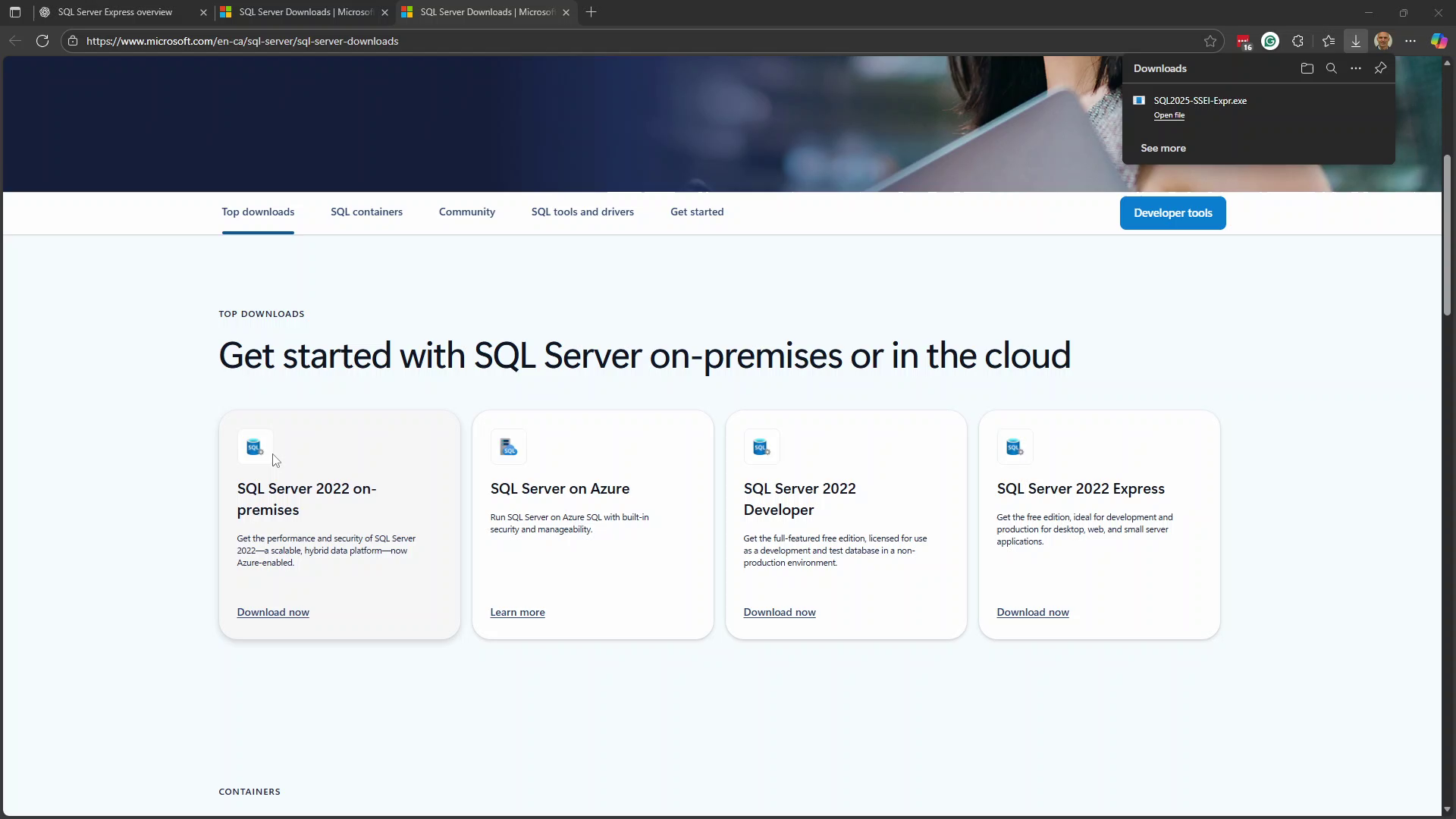 SQL Server downloads page showing Express edition