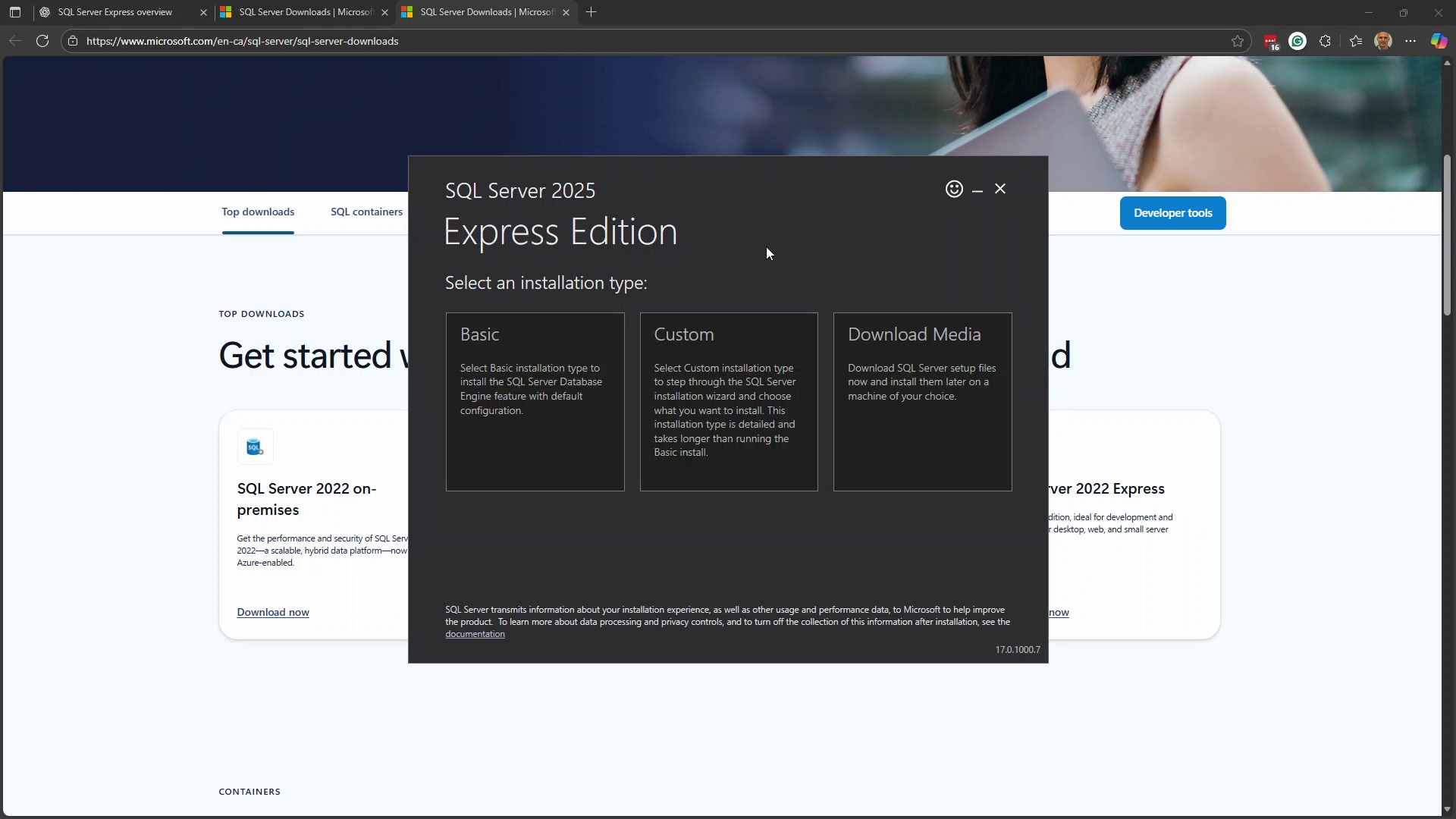 SQL Server Express installation type selection showing Custom option