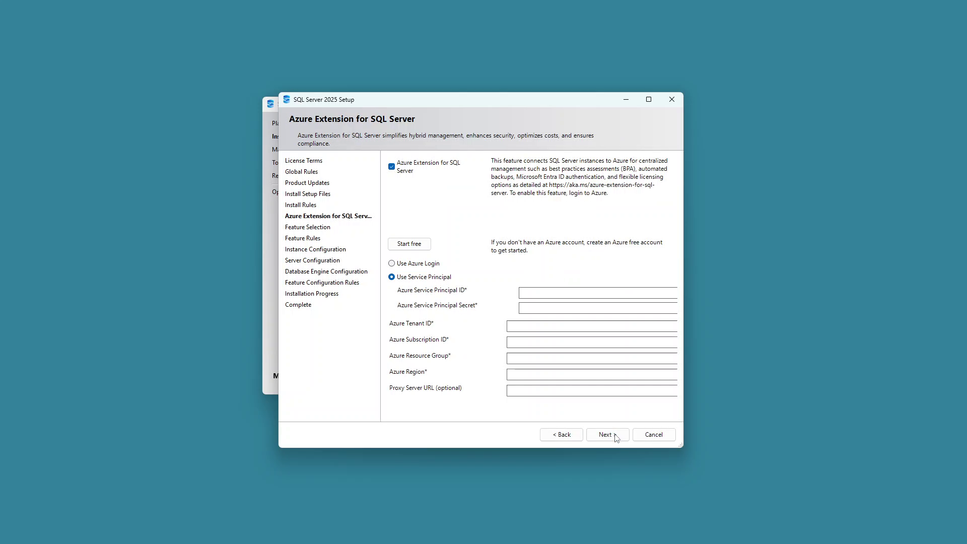 Azure Extension configuration screen
