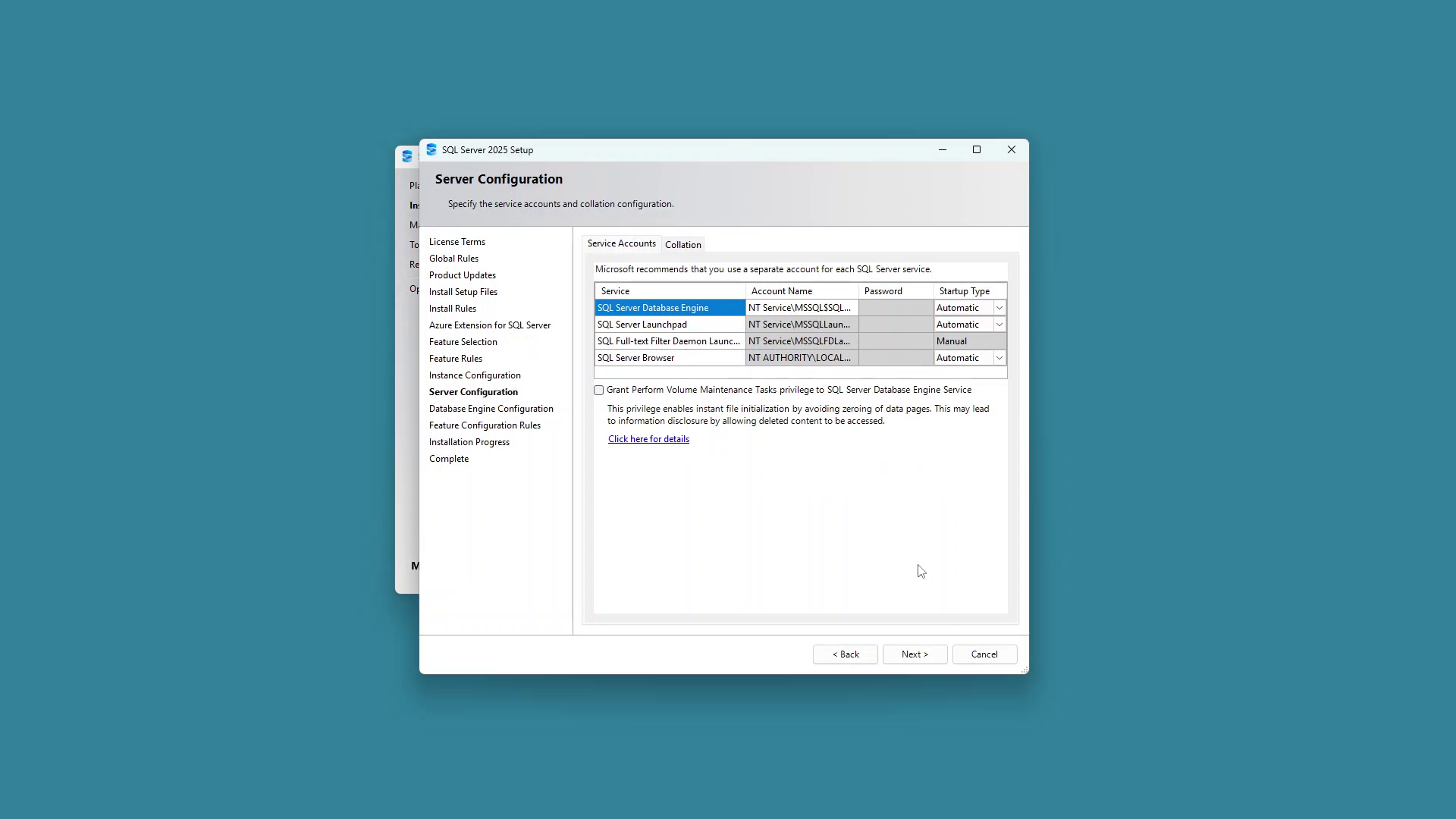 Server Configuration screen