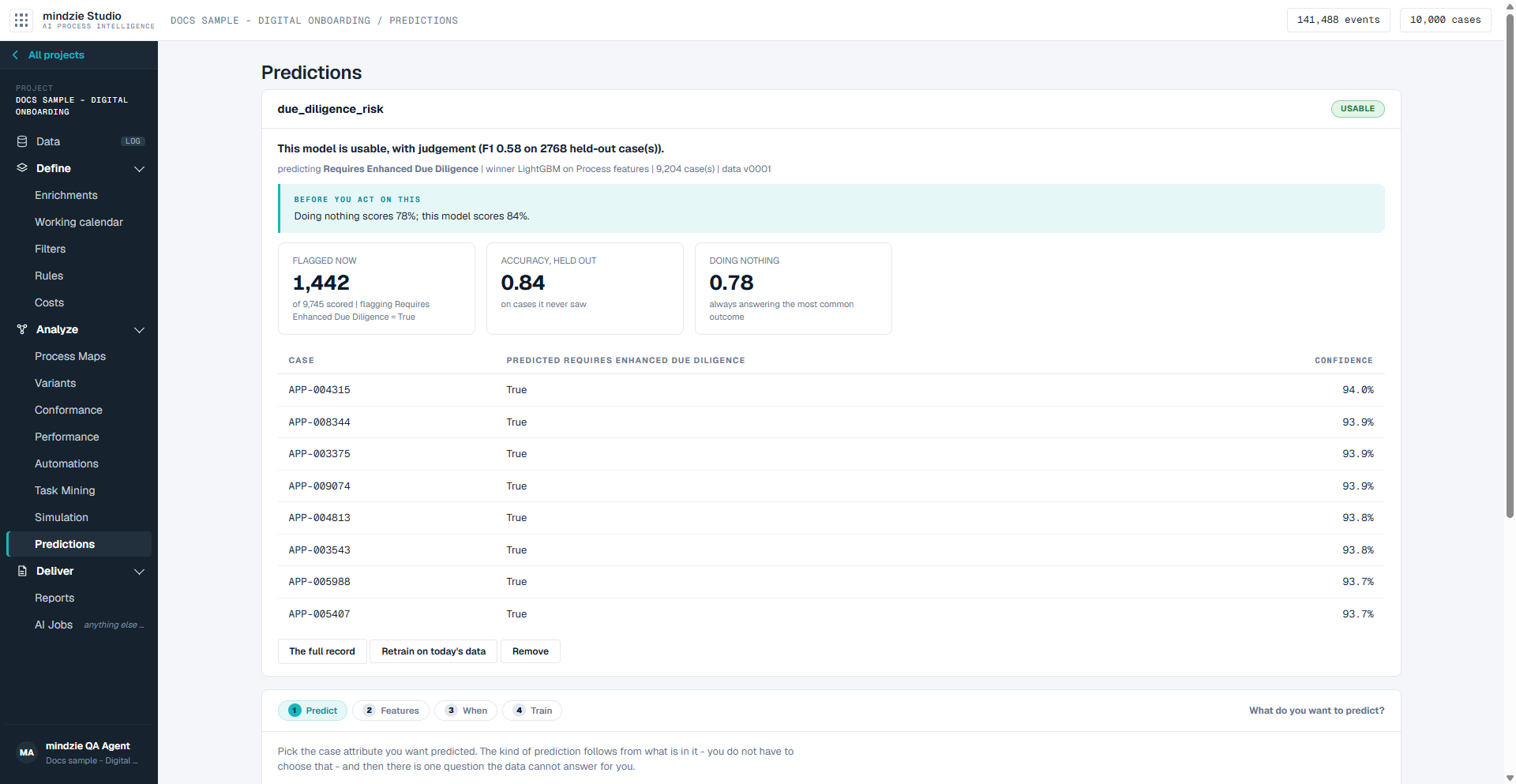 The Predictions screen: a trained prediction, its verdict, and the running cases it flags now