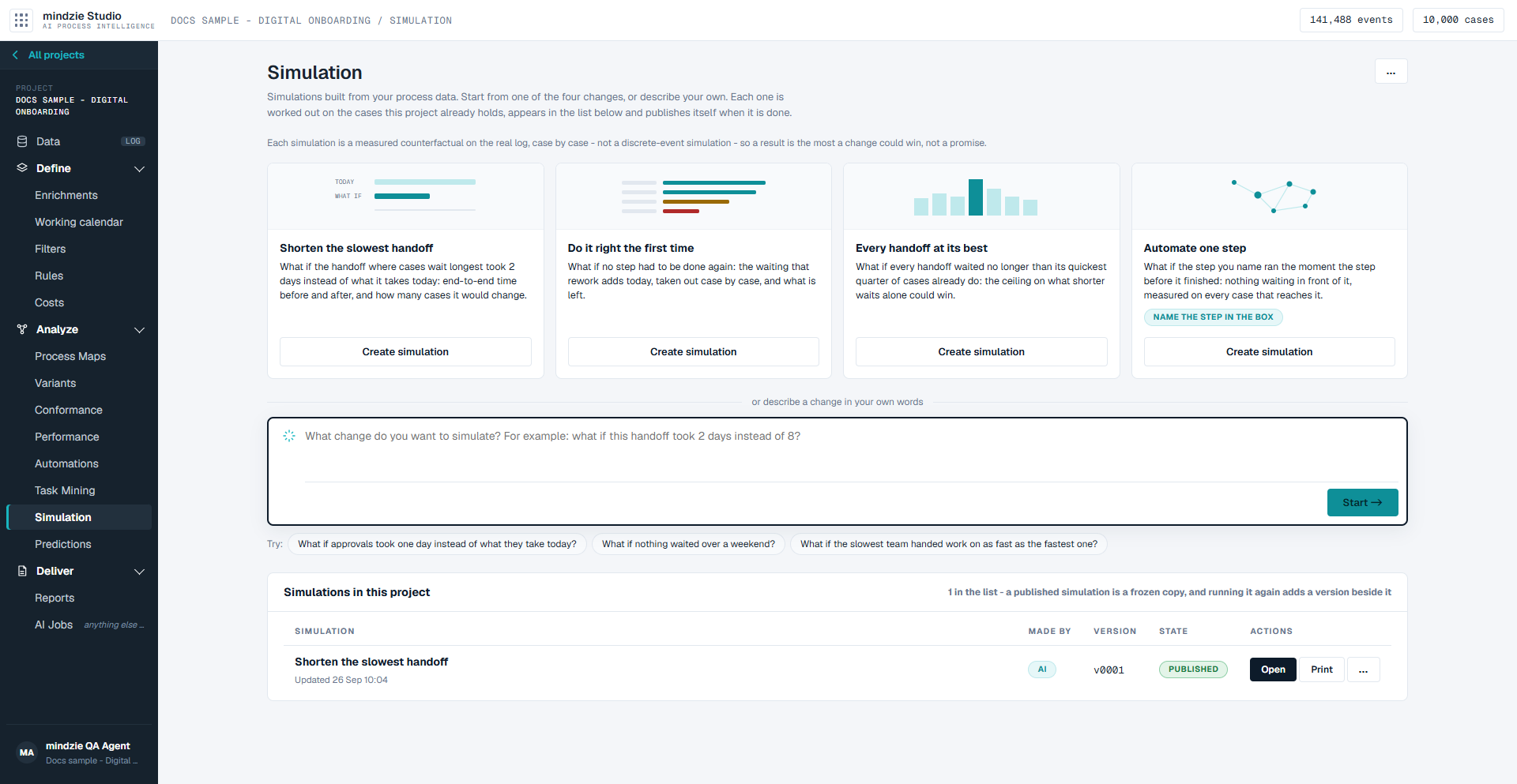 The Simulation screen: the four simulation cards, the ask box, and one published simulation in the list