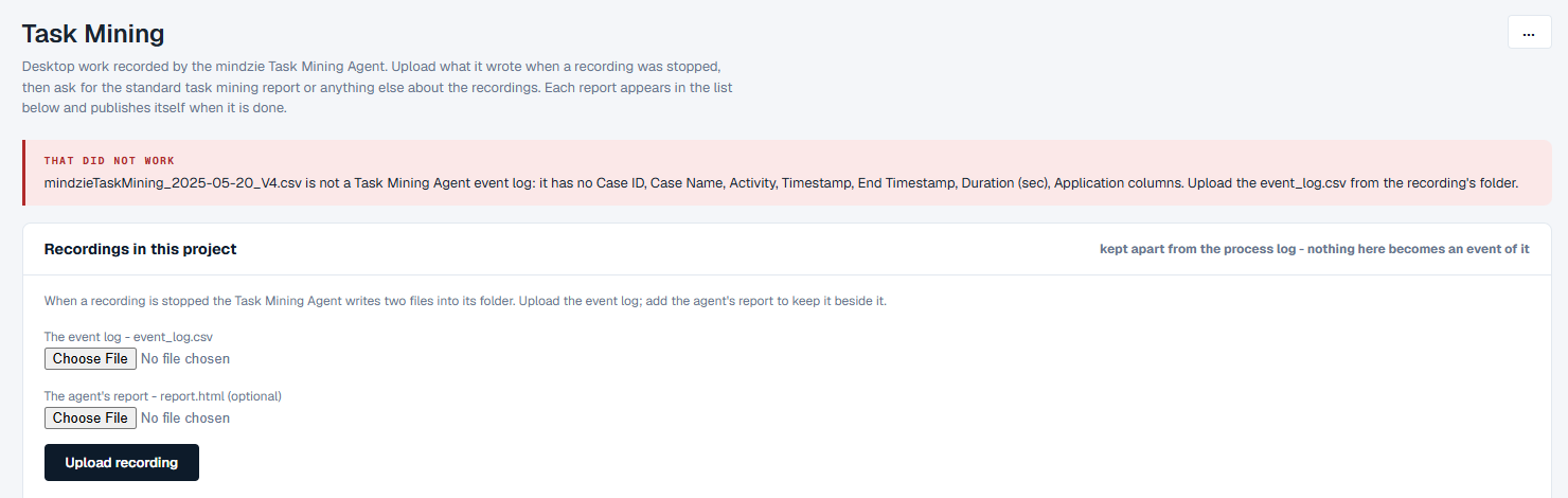 The Task Mining screen refusing a version 1 log, naming the columns it is missing