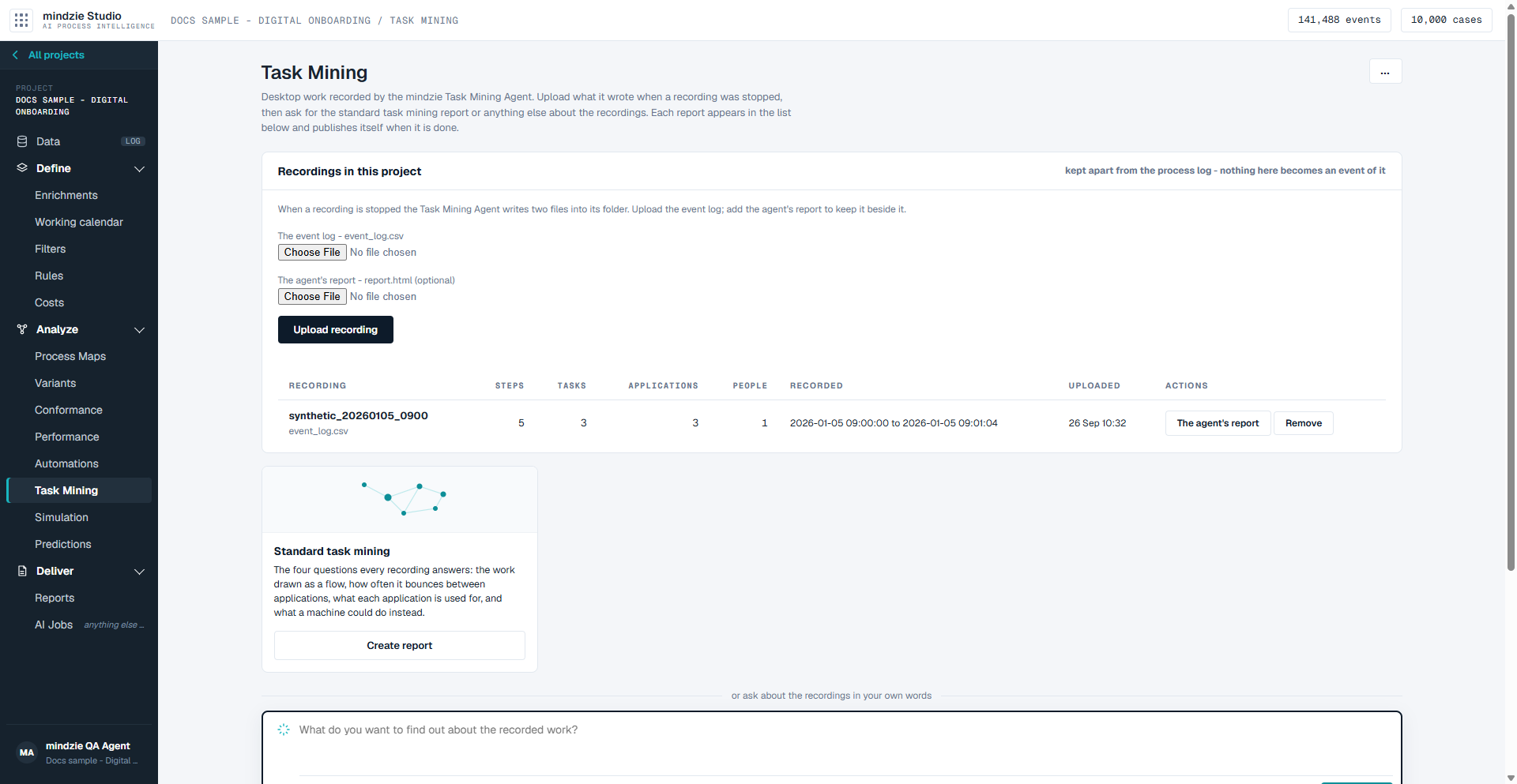 The Task Mining screen with one recording uploaded, above the Standard task mining card and the ask box
