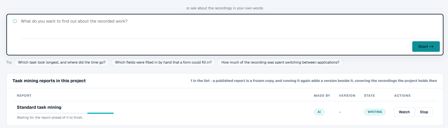 A standard task mining report in the list, being written