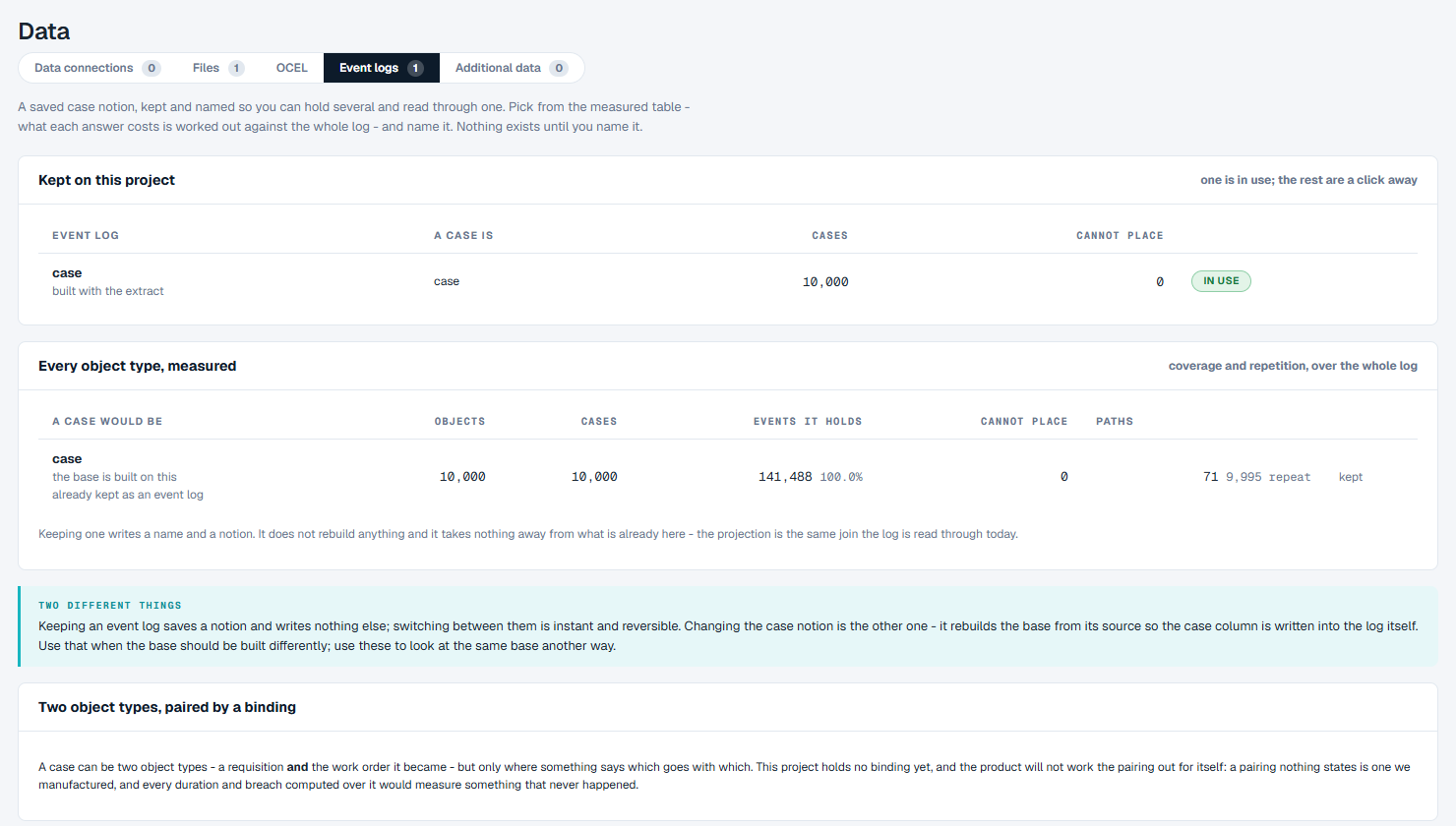 The Event logs tab of a project loaded from a flat event log