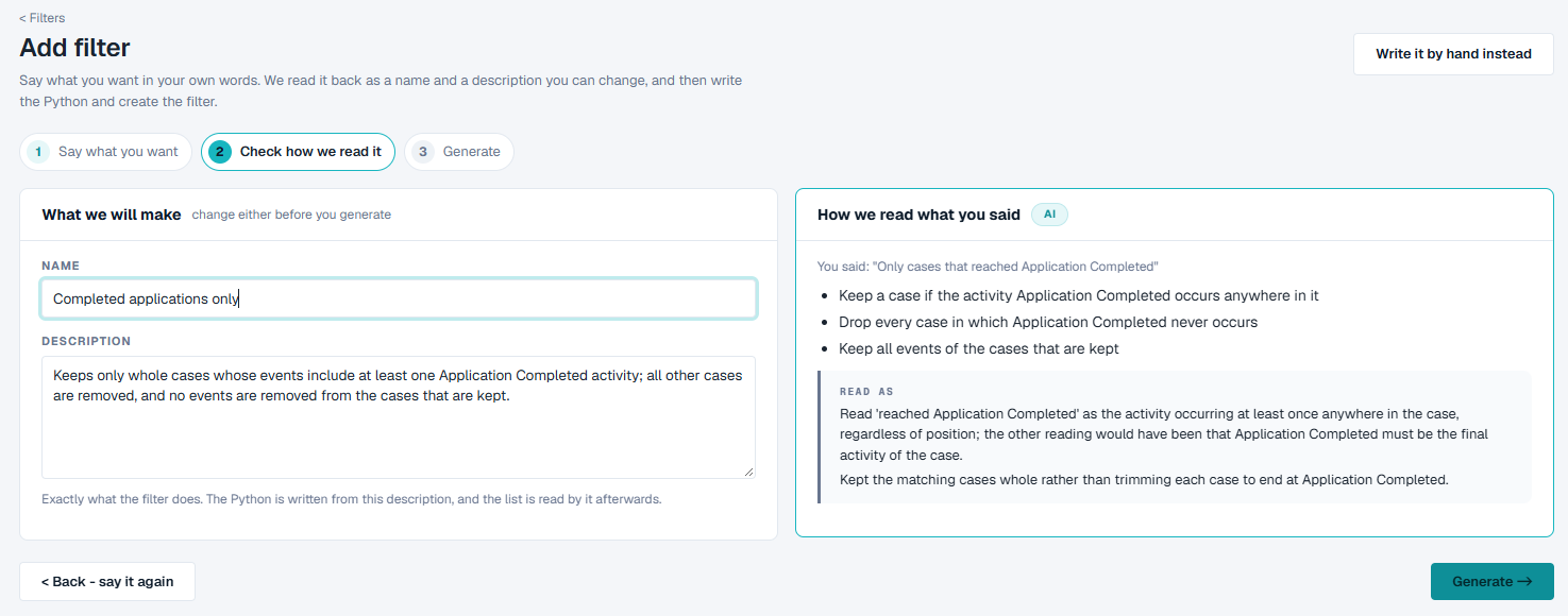 Adding a filter: the name and description read from your words, and how they were read