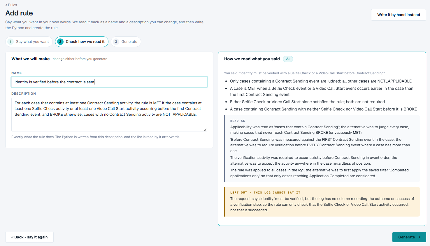 Adding a rule: the name and description, and how your words were read