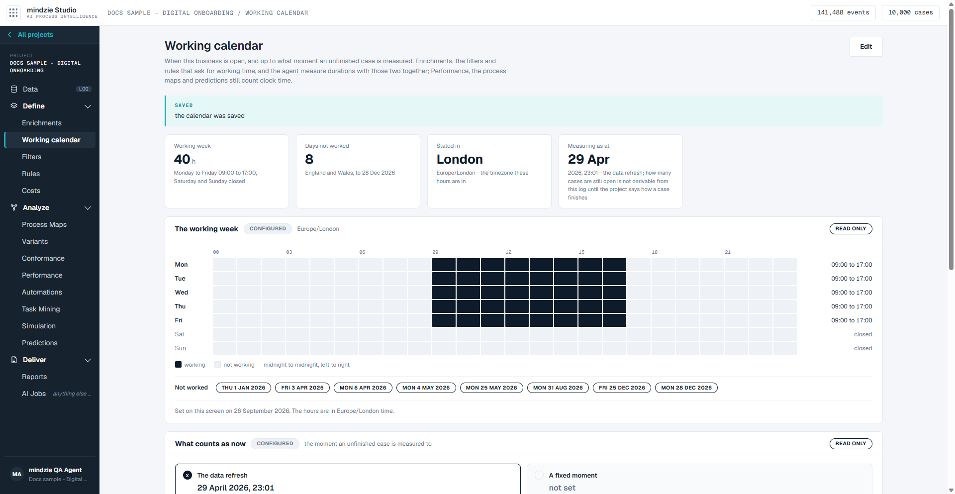The Working calendar screen with a Monday to Friday week set