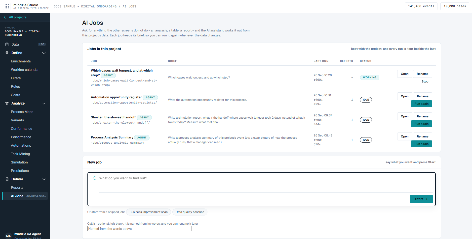 The AI Jobs screen: the jobs in this project and the box for a new job