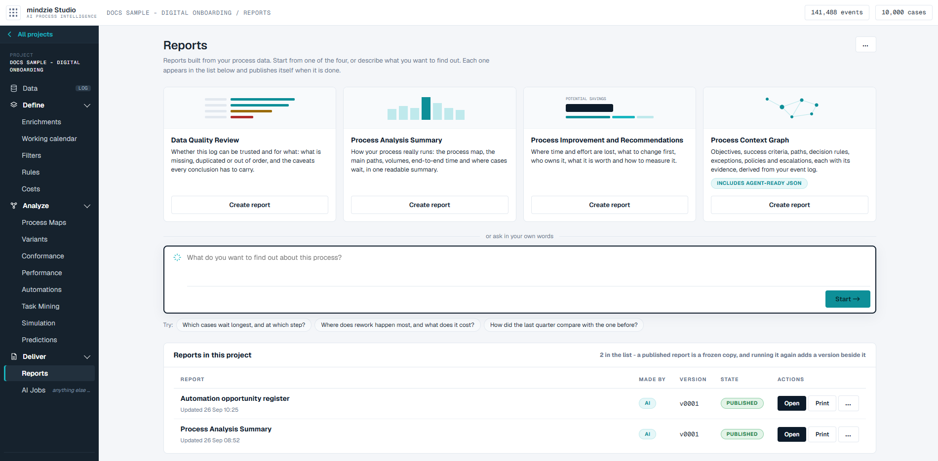 The Reports screen: the four standard reports, the ask box, and the reports in this project