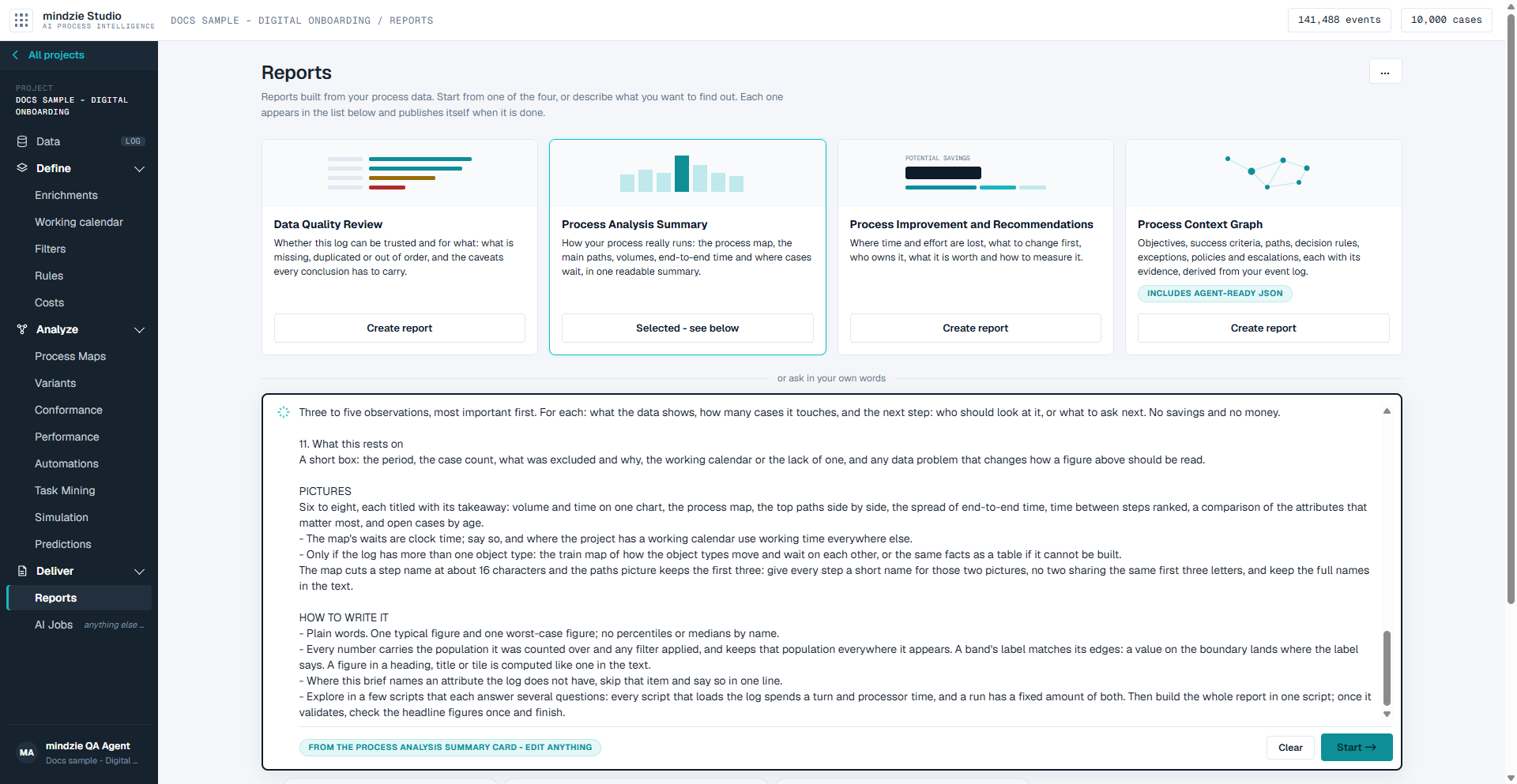 The four standard reports, with a report's brief in the box below them