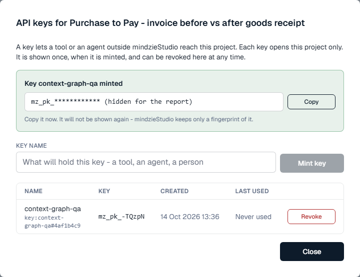 The project's API keys dialog after minting a key (the key is hidden in this picture)