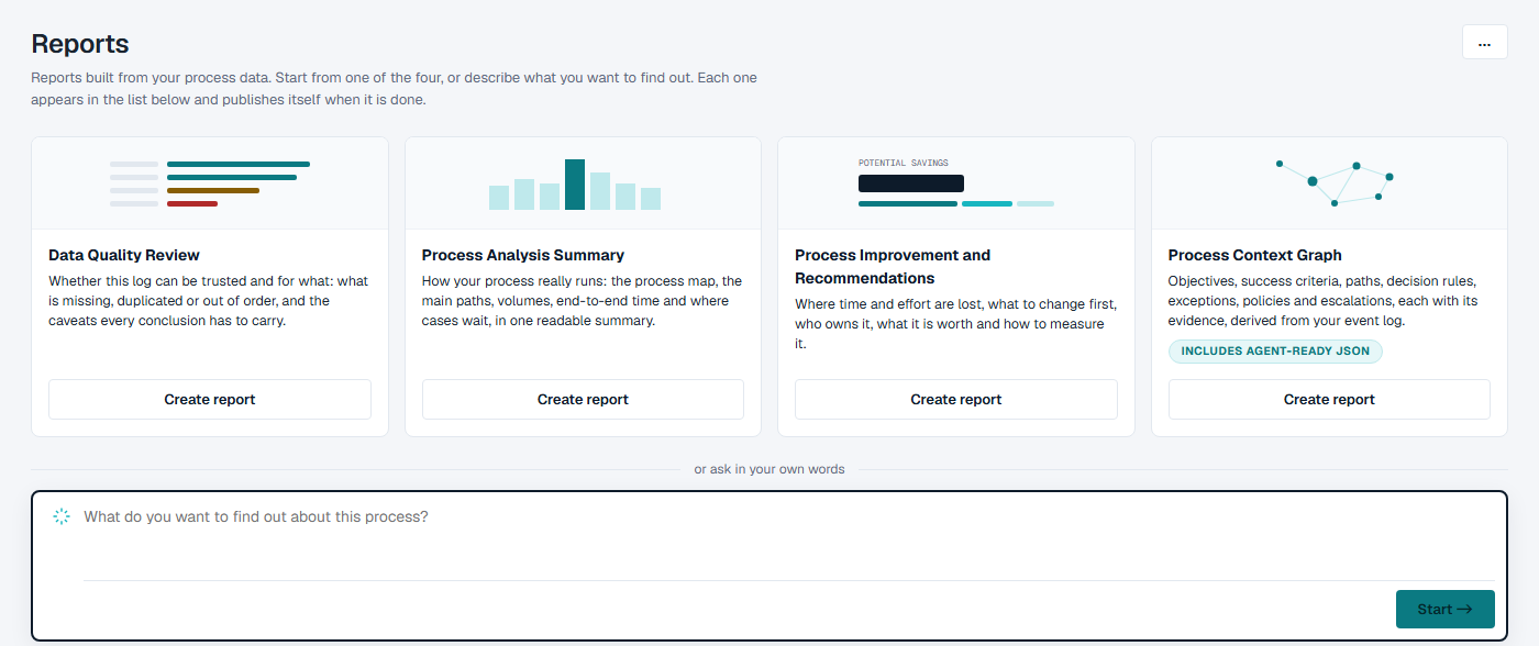 The four report cards on the project's Reports screen