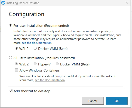 La pantalla de configuración del instalador de Docker Desktop, con las opciones de instalación para un usuario o para todos los usuarios