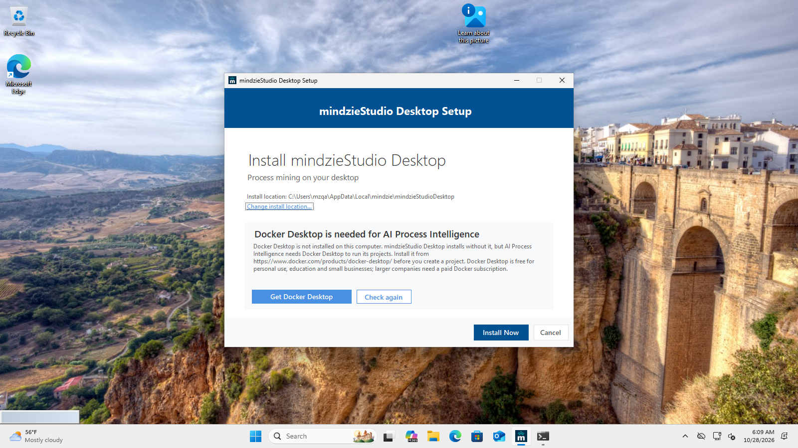 Pantalla de bienvenida del instalador cuando falta Docker Desktop, con los botones Get Docker Desktop y Check again
