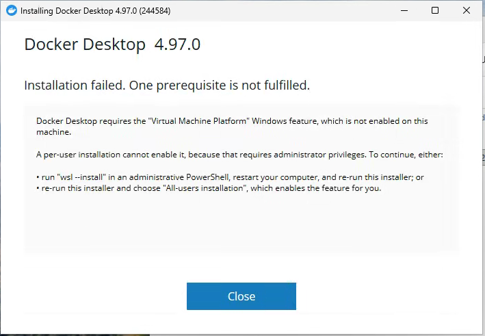El instalador de Docker Desktop deteniéndose porque no está activada la función Plataforma de Máquina Virtual