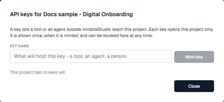 The API keys dialog of a project that has no keys yet