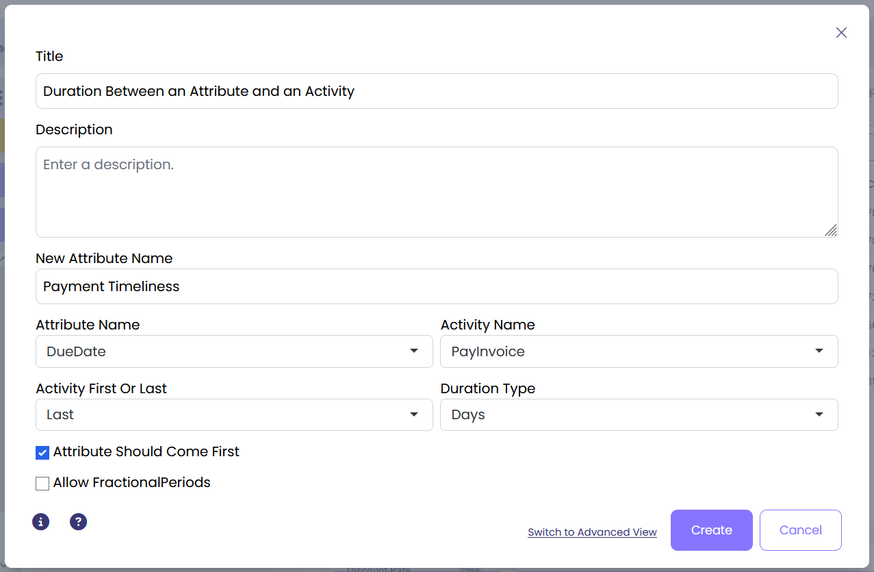Example configuration settings for duration calculation