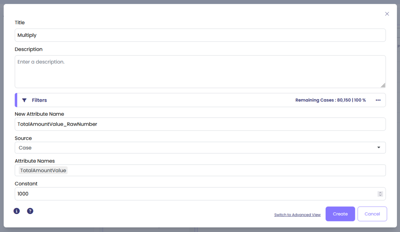 Multiply enrichment configuration showing invoice attribute multiplied by 1000