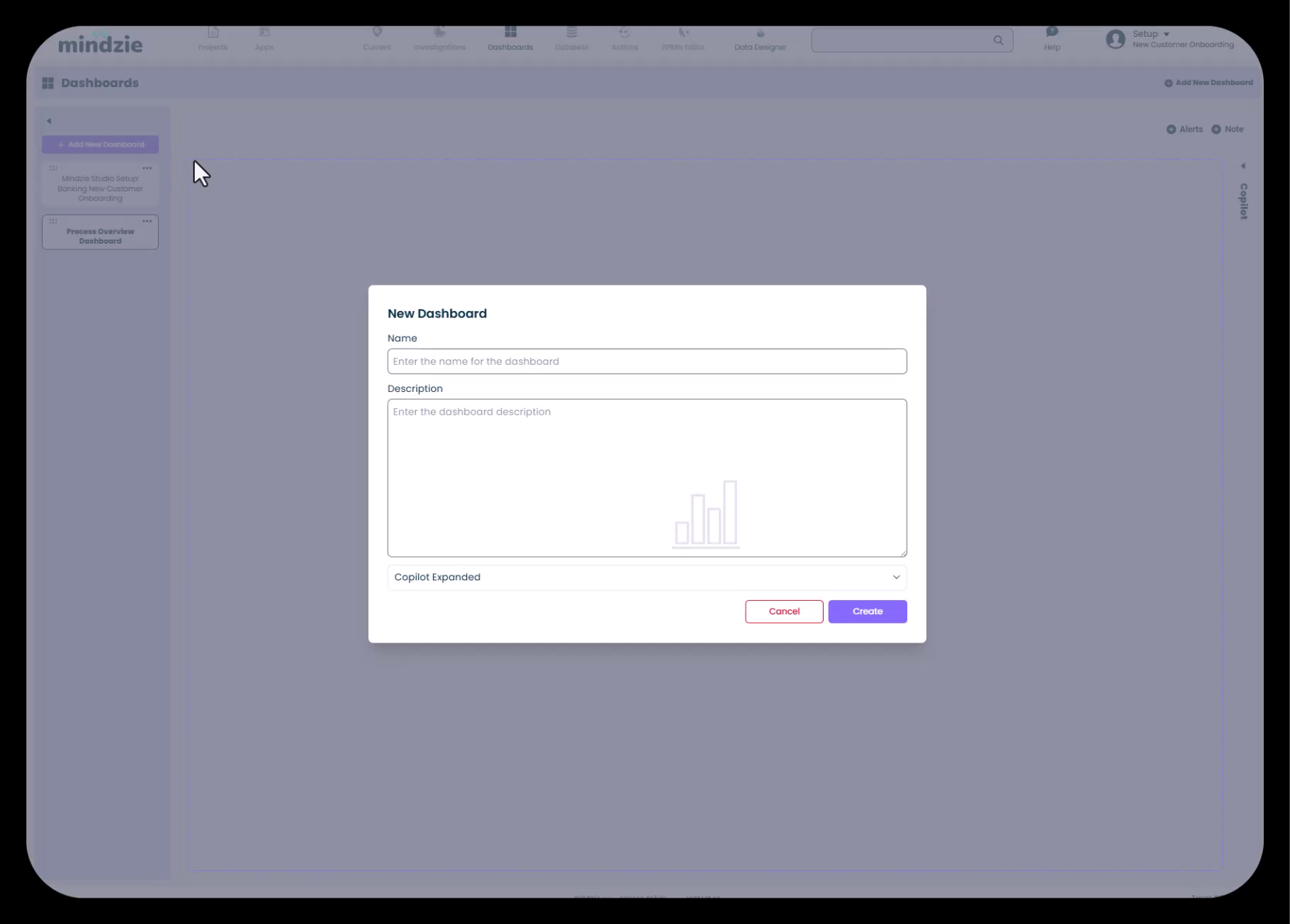 New dashboard creation dialog