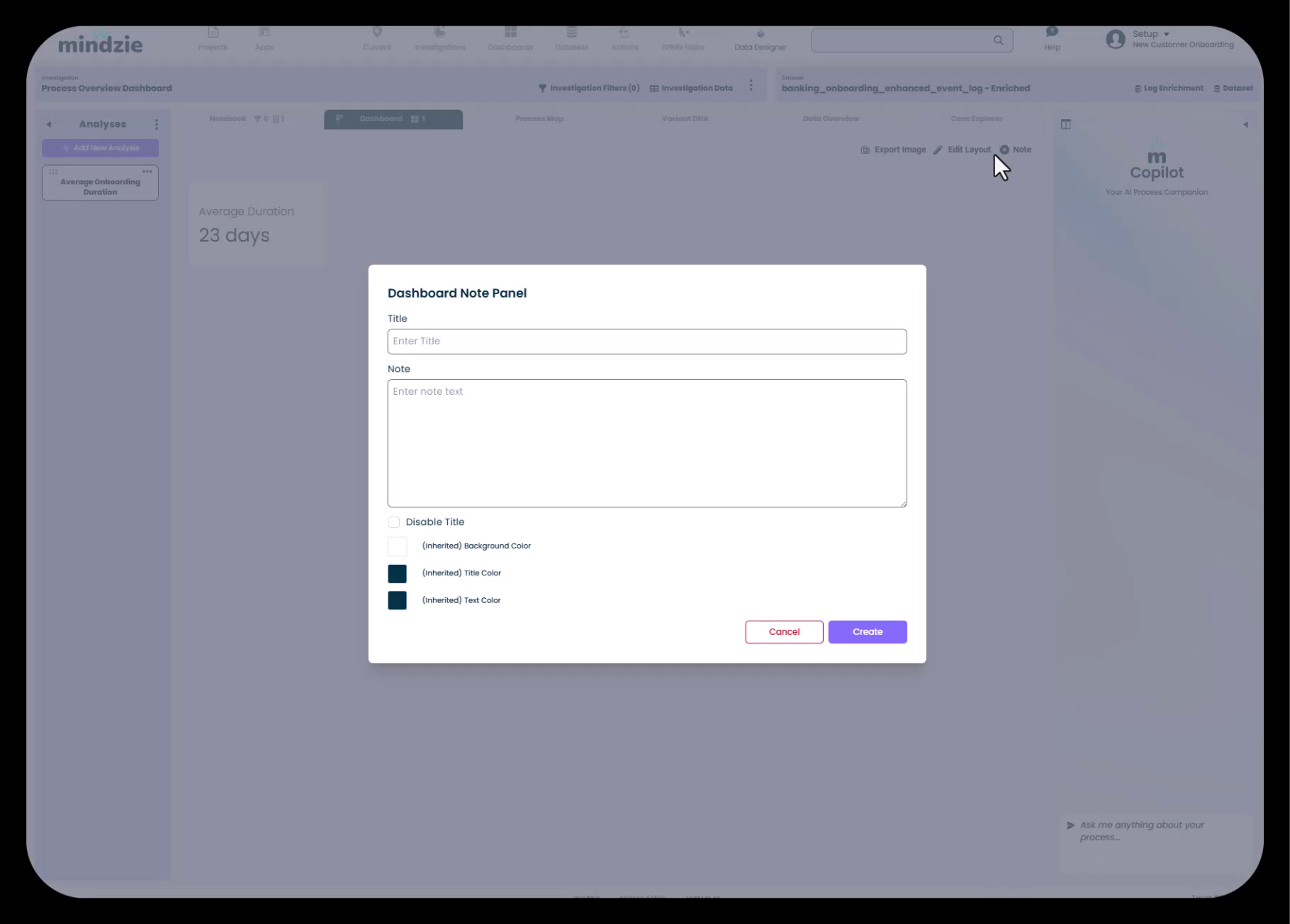 Dashboard Note Panel Dialog